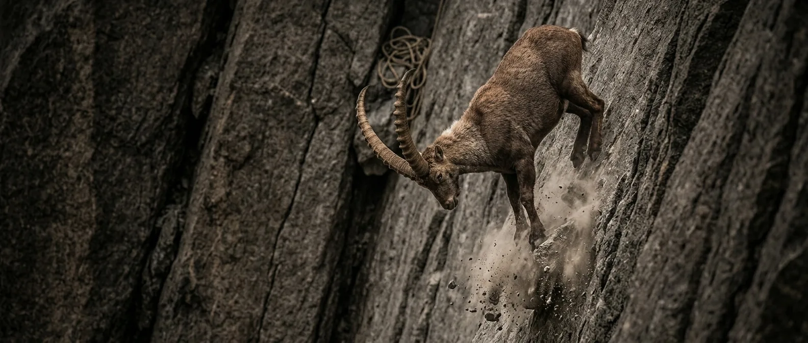 Steinbock springt eine steile Felswand hinab, oben hängt ein aufgeschossenes Kletterseil