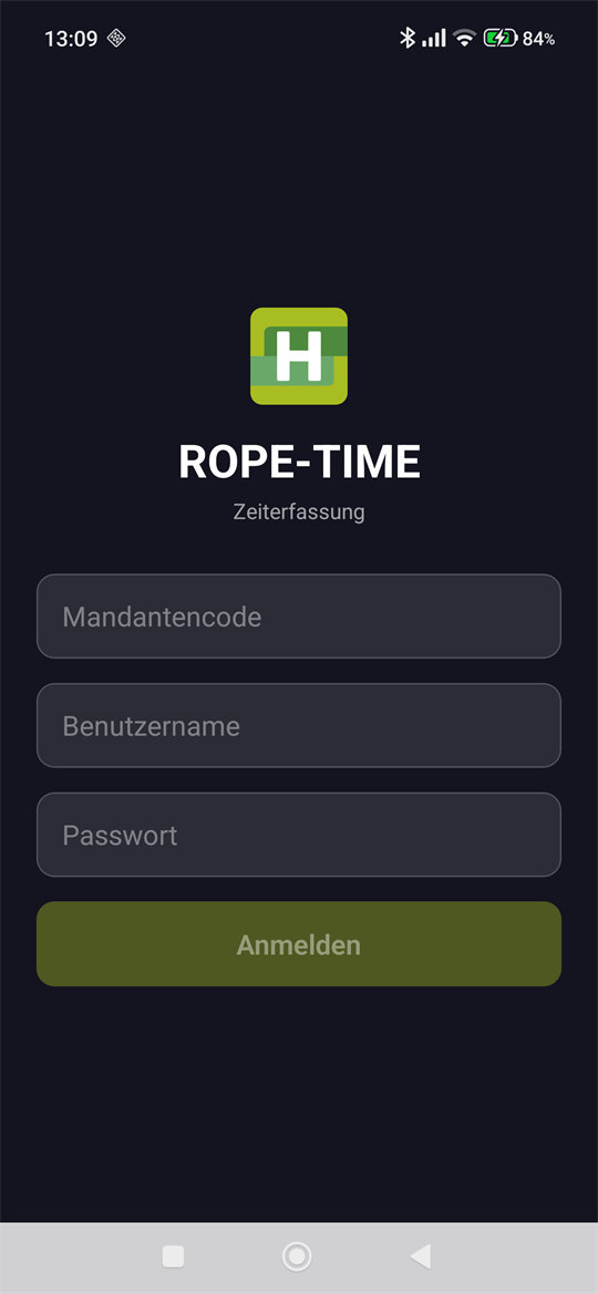 ROPE-TIME: Anmeldung mit Mandantencode, Benutzername und Passwort