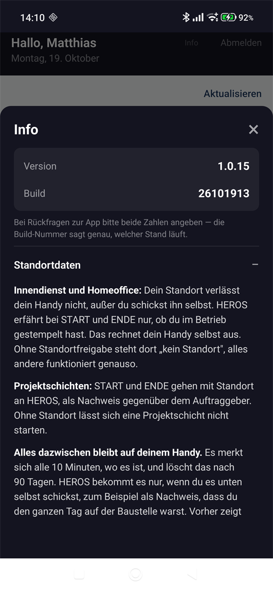 ROPE-TIME: Info mit Version, Build und der aufgeklappten Erklärung zu den Standortdaten
