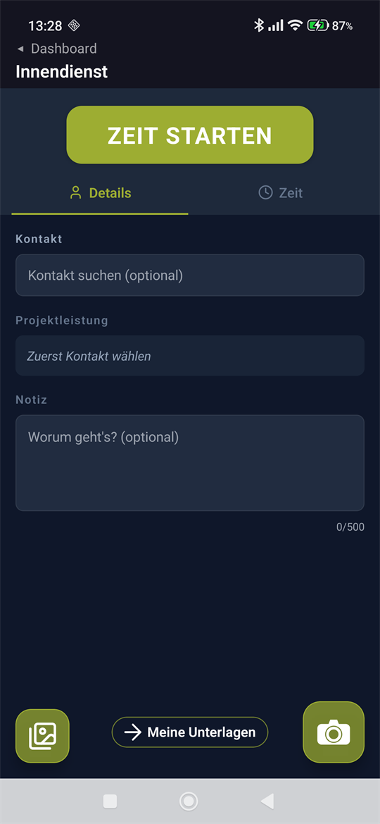 ROPE-TIME: Zielanzeige „Meine Unterlagen“ zwischen Galerie- und Kamera-Knopf
