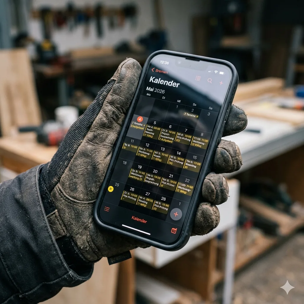 Arbeitshandschuh hält ein Smartphone mit Kalenderansicht und geplanten PSA-Terminen.